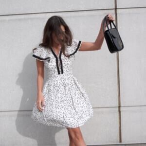 Secret Mission Chrissie Polka Dot Cotton/Silk White/Black Mini Dress, size M